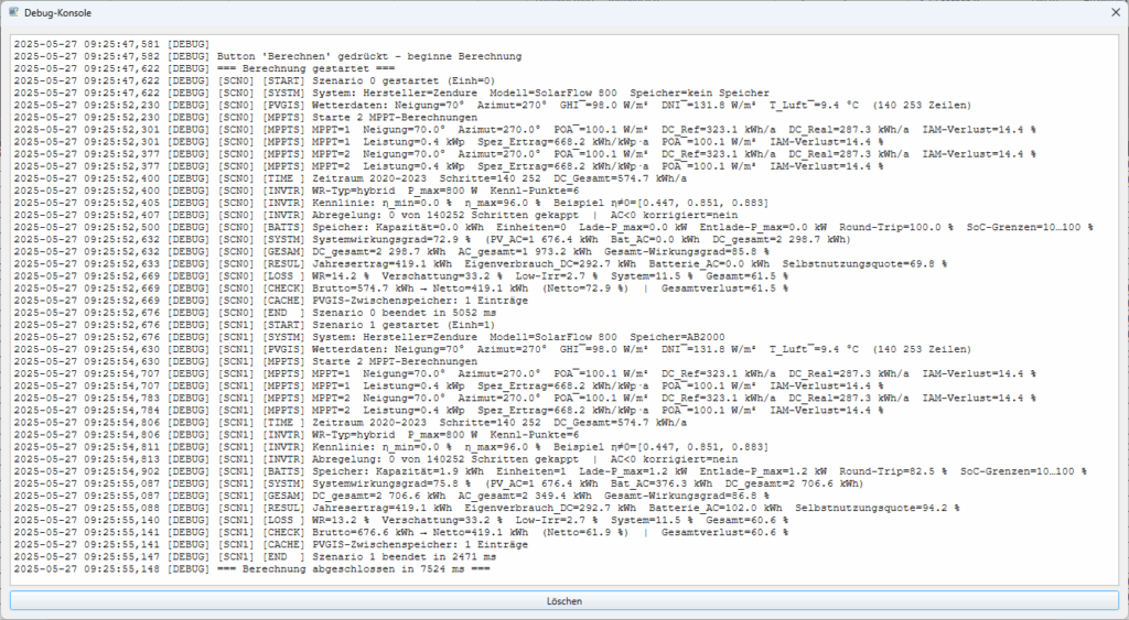 Debug-Konsole mit detailliertem Berechnungsprotokoll in BKWSimX